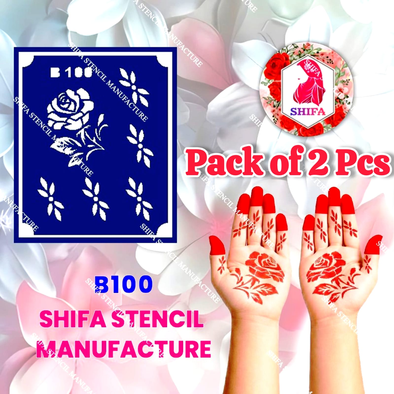 B100 (age 5 to 10)  5 to 10 Crimson Rose Royale Double Hand Henna Stencil - Shifa Stencil